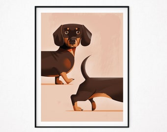 May include: A digital illustration of two black and brown dachshund dogs on a light pink background. One dachshund is facing forward with its head tilted slightly to the side. The other dachshund is facing away from the viewer with its tail curled up.