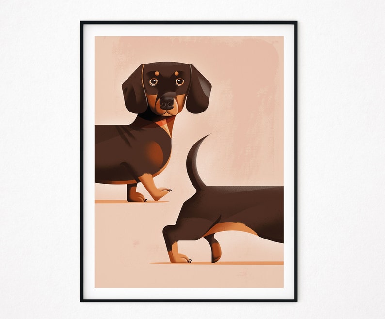 May include: A digital illustration of two black and brown dachshund dogs on a light pink background. One dachshund is facing forward with its head tilted slightly to the side. The other dachshund is facing away from the viewer with its tail curled up.