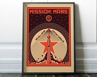 Retro Mars Print, Mars Space Rocket Poster, Space Travel Wall Art, Retro Space Print, Solar System Plant SciFi, Digital Download, Printable
