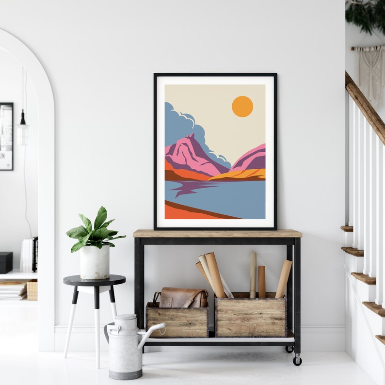 Abstract Lake District Wall Art Mid Century Modern Lakes Sun Etsy UK