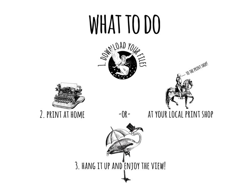 May include: Black and white illustration showing steps to download, print, and hang printable wall art. The steps are: 1. Download your files, 2. Print at home or at your local print shop, and 3. Hang it up and enjoy the view!