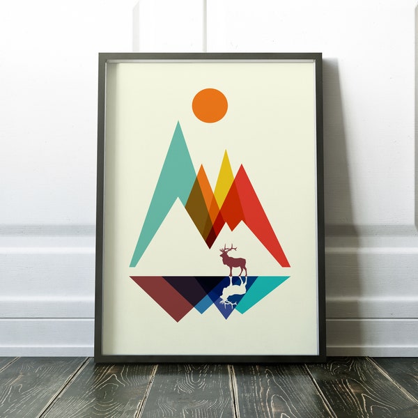 Nordic Mountain Elk,Nordic Print, Scandi Wall Art, Retro, Mid Century, Geometric Mountain Print, Minimalist, Nordic Nature Poster, PRINTABLE