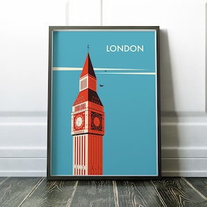 London Print, Big Ben, London Wall Art, Mid Century Skyline, Travel Art Poster, Travel Print, Retro Minimal Home Decor, Digital Download
