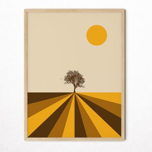 Impresión de la silueta del árbol del paisaje, arte de la pared del siglo mediano, impresión retro del sol, cartel de la naturaleza abstracta minimalista, decoración del hogar, Australia, imprimible