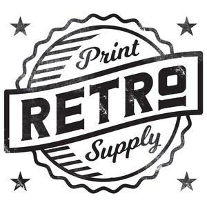 May include: Black and white distressed graphic design with a vintage style logo. The logo reads "Print Retro Supply" in a circular design with a star on each corner.