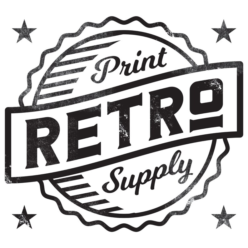May include: Black and white distressed graphic design with a vintage style logo. The logo reads "Print Retro Supply" in a circular design with a star on each corner.