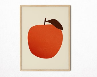 Red Apple Art Print, Kitchen Wall Art, Mid Century Kitchen Fruit Print,Minimal Home Decor, Retro Fruit Poster, Abstract Food Print,PRINTABLE