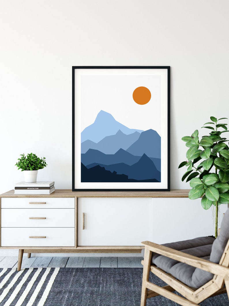 Abstract Landscape Blue And Orange Art Print, Retro Modern Minimalist Wall Decor, Sunset Sunrise Mountain Poster, PRINTABLE Instant Download image 3