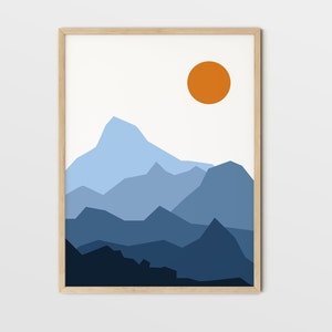 Abstract Landscape Blue And Orange Art Print, Retro Modern Minimalist Wall Decor, Sunset Sunrise Mountain Poster, PRINTABLE Instant Download image 1