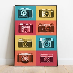 Retro Kamera Art Druck, Bunte Wandkunst, Vintage Kameras Poster, Fotografie Vektor, Pop Art, 1970er Jahre Dekor, Digitale Datei Sofort Dowload