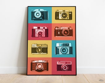 Retro Camera Art Print, Colourful Wall Art, Vintage Cameras Poster, Photography Vector, Pop Art, 1970s Decor, Digital File Instant Dowload