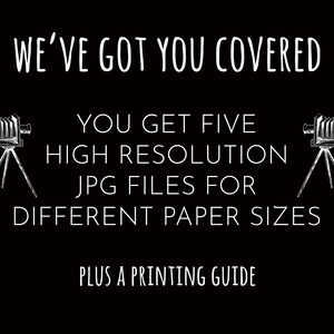 May include: Black and white illustration of an old-fashioned camera on a tripod. Text reads "WE'VE GOT YOU COVERED", "YOU GET FIVE HIGH RESOLUTION JPG FILES FOR DIFFERENT PAPER SIZES", and "PLUS A PRINTING GUIDE".