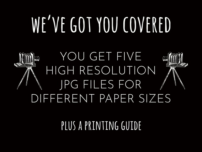 May include: Black and white illustration of an old-fashioned camera on a tripod. Text reads "WE'VE GOT YOU COVERED", "YOU GET FIVE HIGH RESOLUTION JPG FILES FOR DIFFERENT PAPER SIZES", and "PLUS A PRINTING GUIDE".
