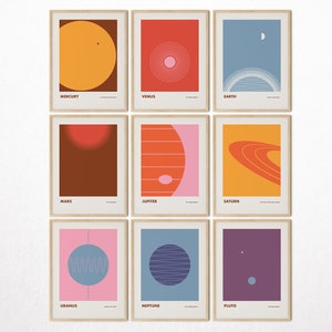 Solar System Planets Retro Prints, Set of 9, Digital Download Printable Mid Century Wall Art, Minimalist Space Solar System Posters,