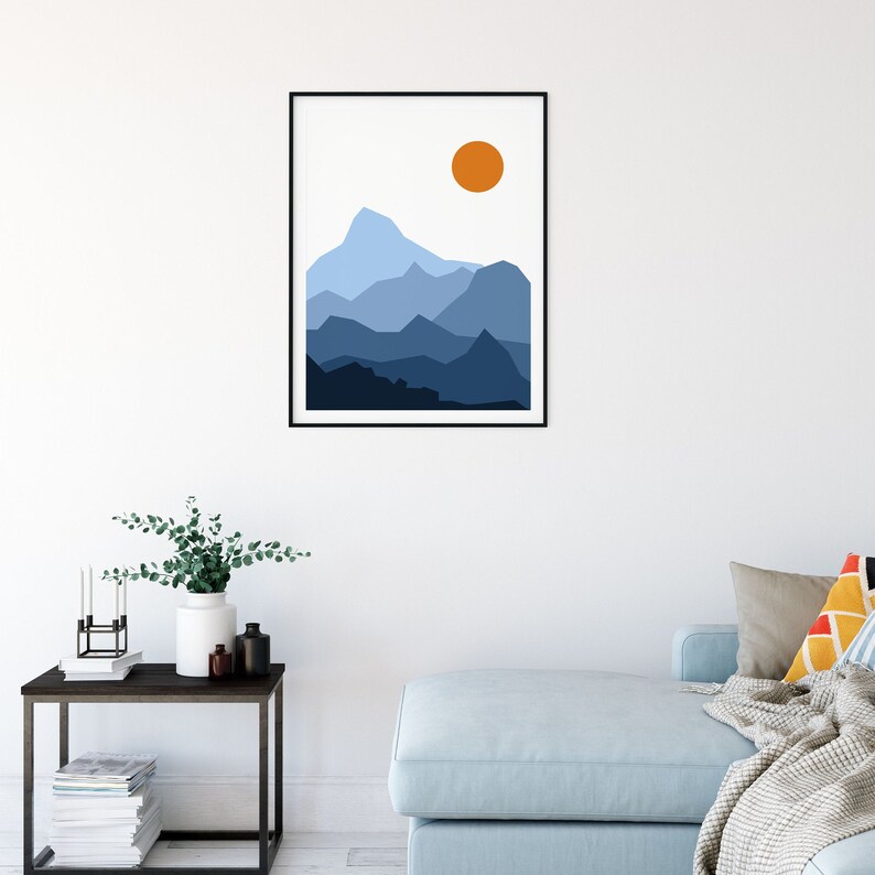 Abstract Landscape Blue And Orange Art Print, Retro Modern Minimalist Wall Decor, Sunset Sunrise Mountain Poster, PRINTABLE Instant Download image 5