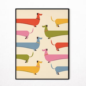 Sausage Dog Print,Dachshund Print,Colourful Wall Art, Mid Century Modern Print, Retro Scandi Illustration,Dog Pattern Art Poster,PRINTABLE