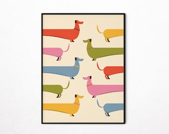 Dachshund Print, Mid Century Colorful Dog Wall Art (Digital Download)