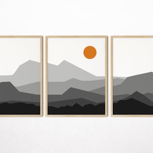 SET of 3, Abstract Landscape Triptych Grey & Orange Print Minimalist Large Poster Wall Art Printable Instant Download, Boho Retro Decor