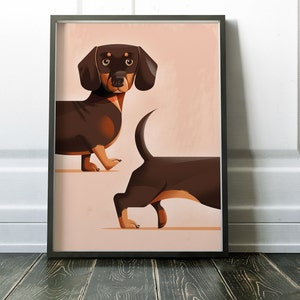 May include: A black and brown dachshund dog is shown in two poses. The first pose shows the dog standing with its head turned to the side. The second pose shows the dog's back end and legs. The background is a light pink color.