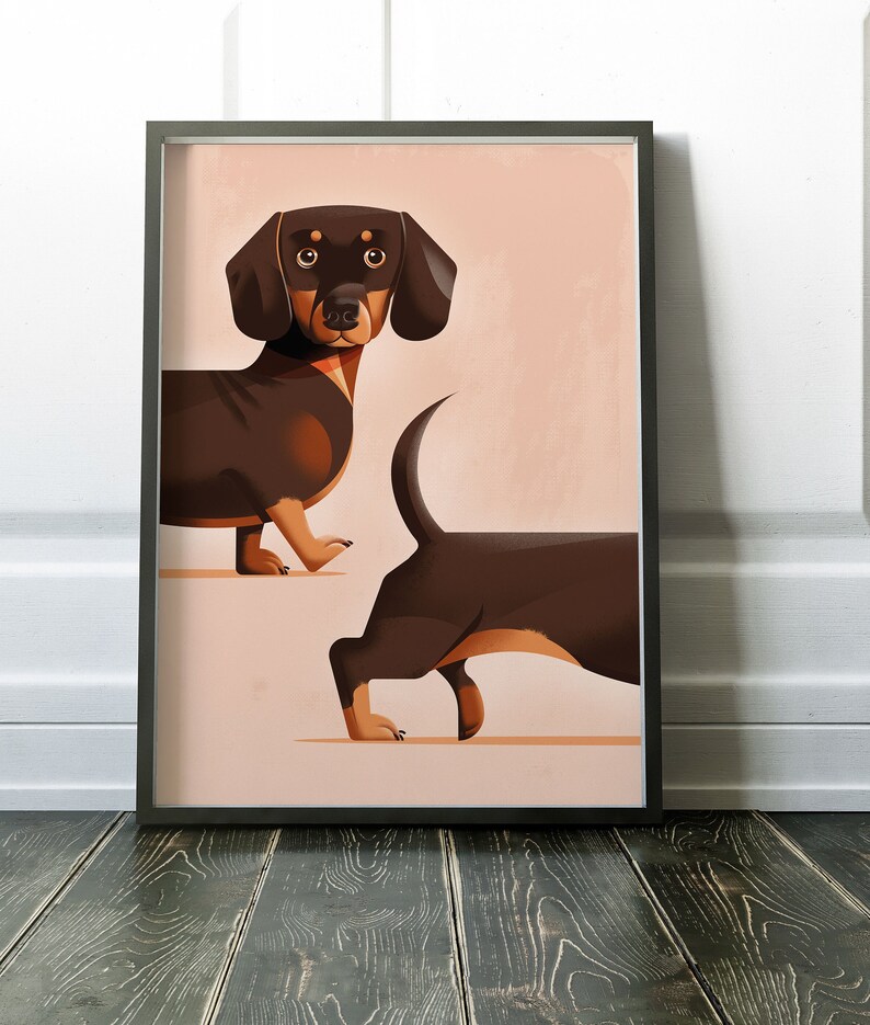 May include: A black and brown dachshund dog is shown in two poses. The first pose shows the dog standing with its head turned to the side. The second pose shows the dog's back end and legs. The background is a light pink color.