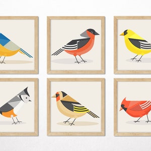 Garden Birds 6 Art Prints,Retro Minimalist Geometric MidCentury, Abstract Bird Wall Art,Cardinal,GoldFinch,Bullfinch,BlueTit,Tufted Titmouse