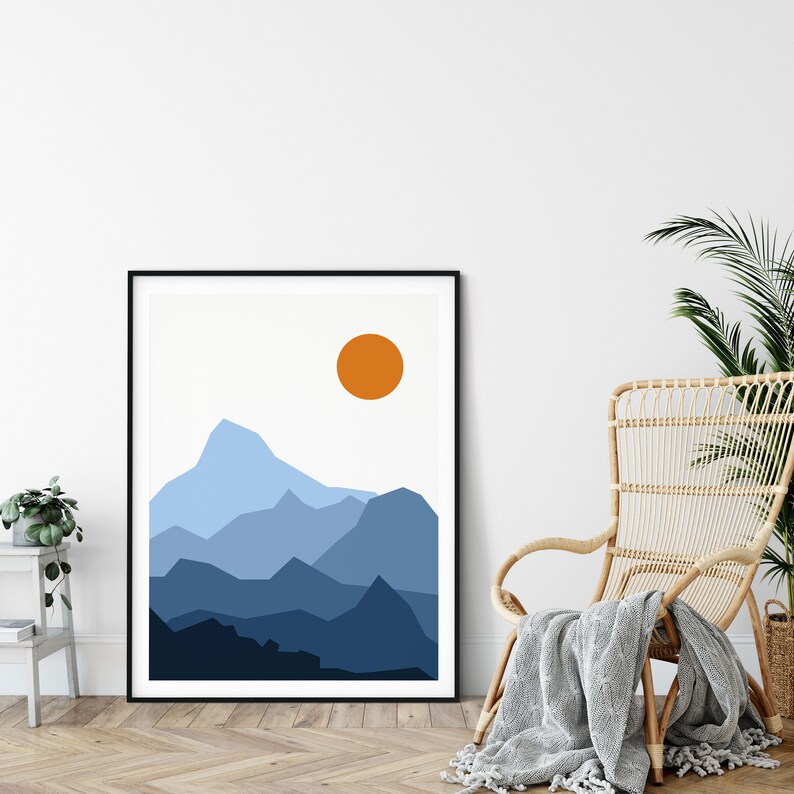 Abstract Landscape Blue And Orange Art Print, Retro Modern Minimalist Wall Decor, Sunset Sunrise Mountain Poster, PRINTABLE Instant Download image 2