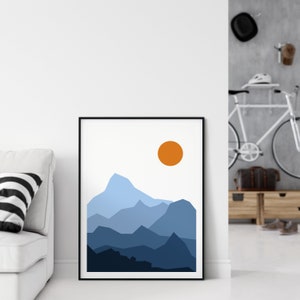 Abstract Landscape Blue And Orange Art Print, Retro Modern Minimalist Wall Decor, Sunset Sunrise Mountain Poster, PRINTABLE Instant Download image 4