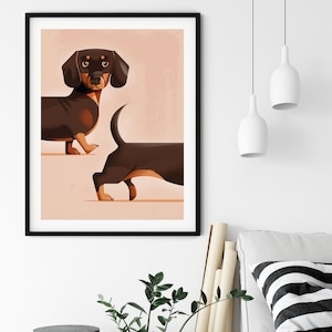 May include: A digital illustration of a brown and black dachshund dog in two poses. The dog is facing forward in the first pose and looking at the viewer. The dog is facing away from the viewer in the second pose. The background is a light peach color.