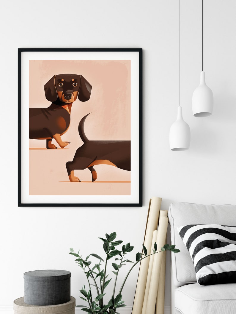 May include: A digital illustration of a brown and black dachshund dog in two poses. The dog is facing forward in the first pose and looking at the viewer. The dog is facing away from the viewer in the second pose. The background is a light peach color.