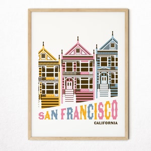 San Francisco Print, Painted Ladies, Mid Century Modern Home Decor, Retro Wall Art, Architecture American Travel Poster, PRINTABLE, Rainbow