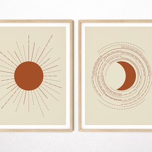Boho Sonne und Mond Print, Abstrakte Mid Century Prints, Minimal Sun Moon Wandkunst, Neutrale Dekoration, 2er Set, DRUCKBAR, Sofortiger Download