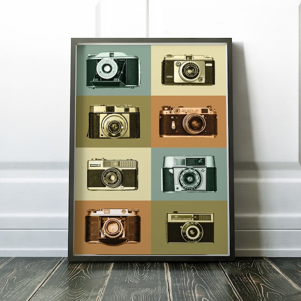 Retro Vintage Cameras Print, Photography Wall Art, Mid Century Poster, Vector, Retro Wall Decor, Gift, PRINTABLE Digital Download