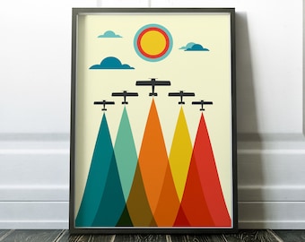 Retro Airplanes Poster, Mid Century Airplane Print, Retro Wall Art,Vintage Airplane, Colourful,Rainbow, Travel Planes,PRINTABLE Digital