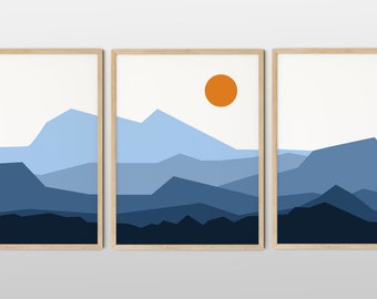 Abstract Mountain Landscape Triptych Art Print, Boho Decor (Digital Download)