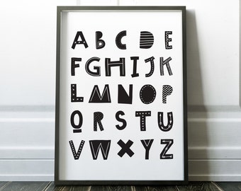 Alphabet Poster, Mono Alphabet Print, ABC Chart Education, Kids Wall Art, Baby, Black & White, Nursery, Digital Download, PRINTABLE