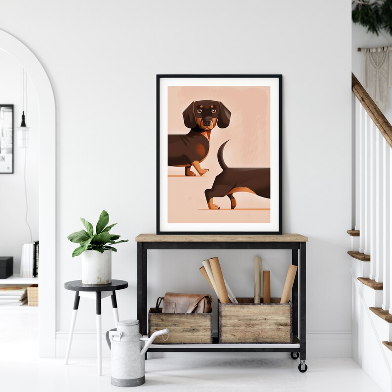 May include: A black and brown dachshund dog illustration with a pink background. The dog is shown in two poses, one facing forward and the other with its tail curled up.