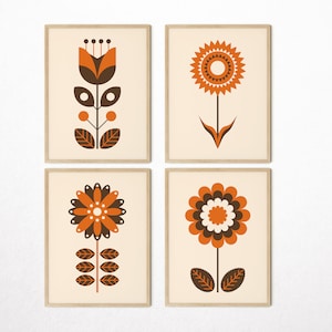 Floral Prints Mid Century Modern Set of 4, Retro Abstract Flower Botanical Wall Art, Vintage Scandinavian Digital Download, Brown Orange