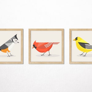 American Garden Birds Set of 3 Art Prints, Retro Geometric MidCentury Wall Art Abstract Tufted Titmouse,American Goldfinch,Northern Cardinal