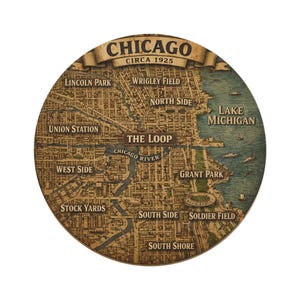 May include: Circular map of Chicago, circa 1925, with detailed street and landmark labels. The map features the Chicago River, Lake Michigan, and notable areas like Wrigley Field and Lincoln Park. The color palette is a blend of brown, beige, and blue.