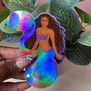 Holographic Black Mermaid Sticker, Illustration, Little Mermaid, Black Art, Wall Art, Fairytale Art, Black Woman Art, Stickers, Black Woman