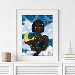 Moon Goddess Art Print, Illustration, Black Art, Wall Art, Black Woman Art, Modern Wall Art, Boho Wall Art