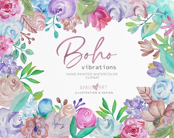 Boho Watercolor Clipart, Floral Watercolor Clipart, Hand Painted Clipart, Boho, DIY Elements, PNG, Stationery, Scrapbook, Commercial Use