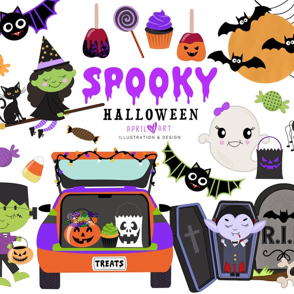 Cute Halloween Clipart, Trunk or Treat, Halloween Costume, Drive By Halloween Party, DIY, PNG, Stationery, Scrapbook, Commercial Use