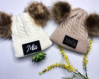 Baby Pom Pom Beanie | Toddler Hat | Patch Hat | Personalized | Name Hat | Stretchy Hat | 18m-2yr | Stocking Hats | Gift Idea | Winter Hat