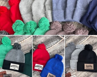 Unisex Adult Pom Pom Beanie | Patch Hat | Personalized | Name Hat | Minnesota | Stocking Hats | Stock Hat | Warm Hat | Teen | Youth | MN
