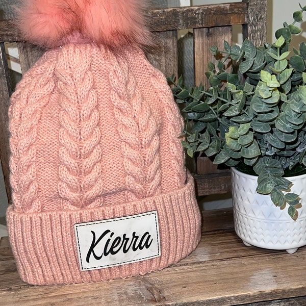 Youth | Teen | Adult | Fitted fleece-lined | Pom Pom Beanie | Patch Hat | Personalized | Name Hat | Stocking Hats | Gift Idea | Pink | Warm