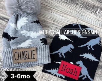 Baby Beanie | Patch Hat | Personalized | Name Hat | 3-6mo | 6mo-2yrs | Stocking Hats | Infant Hat | Dinosaur | Dino | Boy | Winter Hat
