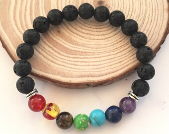 7 Chakra bracelet, Chakra jewelry, Yoga bracelet, Boho Gemstone therapy, Lava stone bracelet, Energy bracelet, Lava Rock bracelet