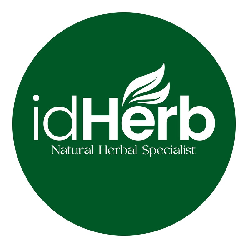 May include: A circular logo with a dark green background features the white text "idHerb" above "Natural Herbal Specialist." A stylized white leaf design is above the word "Herb."