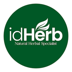 May include: A dark green circular logo with white text. The words "idHerb" are above "Natural Herbal Specialist." A white leaf design is above the word "Herb."